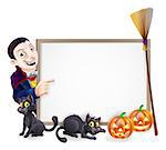 Halloween sign with orange Halloween pumpkins and black witch's cats, witch's broom stick and cartoon Dracula Vampire Character