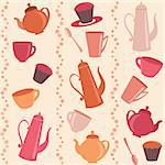 Stripy pattern with cups, teapots and cakes