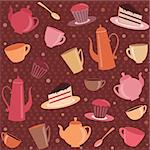 Tea pattern with cups, teapots and cakes
