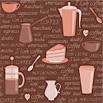 Seamless pattern with coffee items and text