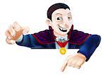 An illustration of a cute cartoon Count Dracula vampire character for Halloween pointing down at a sign or banner