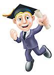 A happy smiling businessman in graduate mortar board cap holding a scroll diploma or certificate and happily jumping with fist clenched. Career development or qualification education concept
