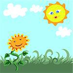 Summer landscape with sunflower and smiling sun