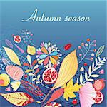 bright colorful autumn dark blue background with multi-colored leaves and fruit