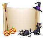 Halloween background scroll sign with witch hat, broomstick, carved orange pumpkins and witch's black cats