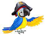 A drawing of a cartoon parrot pirate character with eye patch and hat with skull and crossbones pointing with its wing