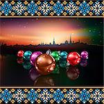 Abstract background with Christmas decorations and silhouette of Tallinn
