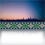 abstract background with silhouette of Tallinn and national ornament