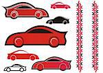 Set of seven red and black sport cars icons with tire prints