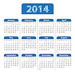 Blue glossy calendar for 2014. Sundays first. Vector illustration