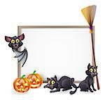 A Halloween background sign with pumpkins, black witches cats and broomstick and vampire bat and copyspace for your text in the centre