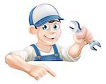 A cartoon plumber or mechanic with a wrench peeking over sign or banner and pointing at it