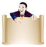 An illustration of a cute cartoon Count Dracula vampire character pointing at a scroll sign. Perfect for your Halloween sign or message