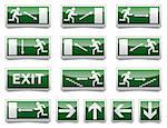 Isolated warning, exit, emergency sign collection with reflection and shadow on white background.