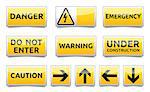 Isolated warning, danger, emergency sign collection with reflection and shadow on white background.