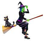 An illustration of a Halloween Witch with her black cat flying on her magic Broomstick