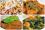 Nyonya Peranakan Food Collage with Beef Rendang Curry Chicken Ikan Bilis Chili Onions and Kangkong Prawns Dish Closeup Collage