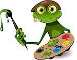 illustration green frog artist with palette and brush