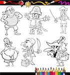 Coloring Book or Page Cartoon Illustration of Black and White Fantasy Pirates or Corsairs Mascot Characters Set for Children