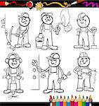 Coloring Book or Page Cartoon Illustration of Black and White Funny Manual Workers or Workmen at Work Characters Set for Children Education