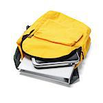 Laptop And File In Yellow Backpack On White Background