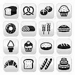 Vector grey square buttons set isolated on white - baking, food, restaurant concept