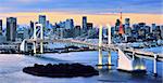 Rainbow Bridge spanning Tokyo Bay with Tokyo Tower visible in the background.