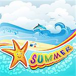 Summer beach with starfish and dolphin