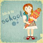 Back to School Vintage Card in Austria and German Tradition - Girl holds School Cone, Sugar Bag. Retro Style. Vector Illustration.