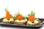 Arrangement of Snacks with Smoked Salmon, Greens, Cheese Cream and Capers on Black Plate isolated on white background