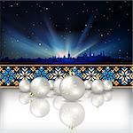 Abstract celebration background with Christmas decorations silhouette of Tallinn and estonian ornament
