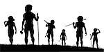 Editable vector silhouettes of cavemen hunters with each figure as a separate object