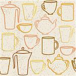 Grunge seamless pattern with teapots and cups silhouettes