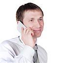 happy successful young business man talking on mobile phone on white background
