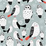 Seamless graphic pattern of white owls on a gray background with snowflakes