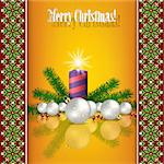 Abstract background with Christmas decorations and candle on yellow