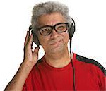 Handsome mature African man squinting with headphones