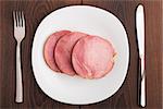 Slices of delicious ham on white plate