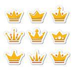 King, Queen crown vector gold labels set isolated on white