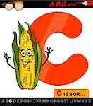 Cartoon Illustration of Capital Letter C from Alphabet with Corn Cob for Children Education