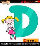 Cartoon Illustration of Capital Letter D from Alphabet with Doll for Children Education