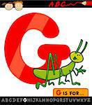 Cartoon Illustration of Capital Letter G from Alphabet with Grasshopper for Children Education