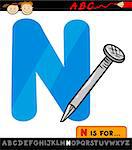 Cartoon Illustration of Capital Letter N from Alphabet with Nail for Children Education