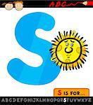 Cartoon Illustration of Capital Letter S from Alphabet with Sun for Children Education