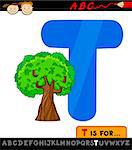 Cartoon Illustration of Capital Letter T from Alphabet with Tree for Children Education