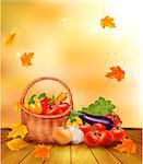 Autumn background with fresh vegetables in basket. Healthy Food. Vector illustration