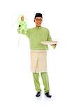 indonesian male with ketupat during ramadan festival with isolated white background