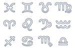 A set of zodiac sign icons representing the twelve signs of the zodiac for horoscopes and the like
