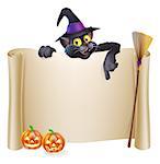 A Halloween scroll sign with a cat character above the banner, pumpkins and witch's hat and broomstick