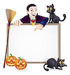 A Halloween sign with a classic Dracula vampire character pointing down and witch's black cats, broomstick and Halloween carved orange pumpkins